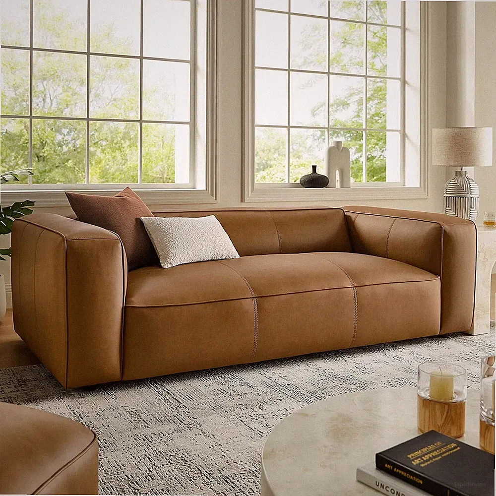 Auren Vegan Leather Sofa in Camel - Faux Leather 3 Seater Couch - 88 Inch Comfy