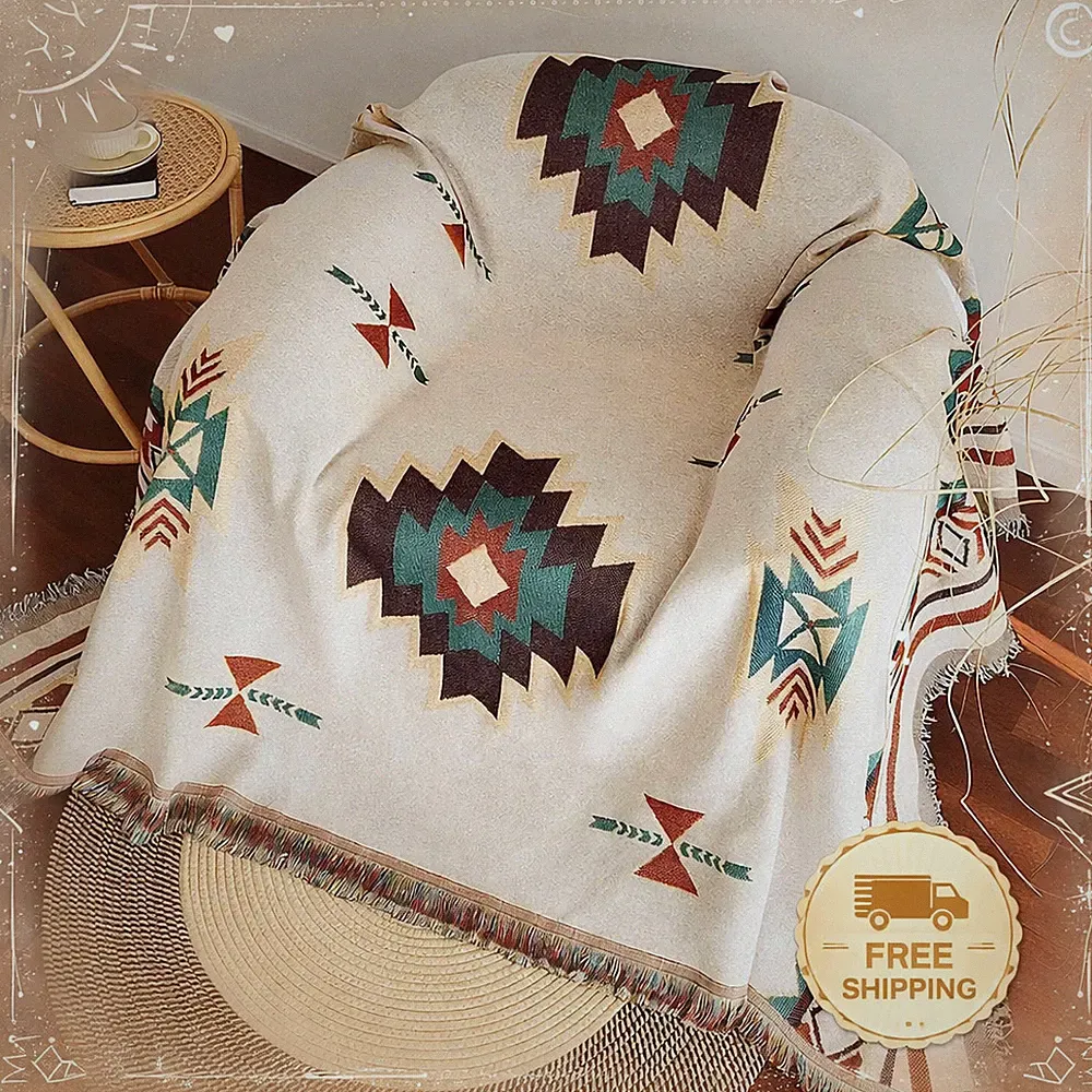 Aztec Throw Blanket Boho Geometric Woven Rug Sofa Bed Cover Fringe 90x180cm