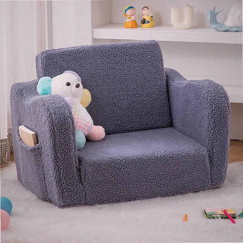 Baby Toddler Sofa Couch for Kids Foldable 2-in-1 Sherpa Fold Out Bed Playroom