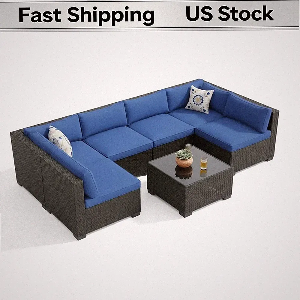 Backyard Deck Poolside 7-Piece Rattan Wicker Sectional Sofa with Cushions