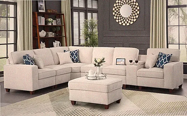 Ball & Cast 127" L-Shaped Sectional Couch with Movable Ottoman&6 Throw Pillow...