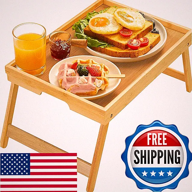 Bamboo Bed Tray Table Foldable Legs Breakfast Tray For Sofa Bed Eating Working