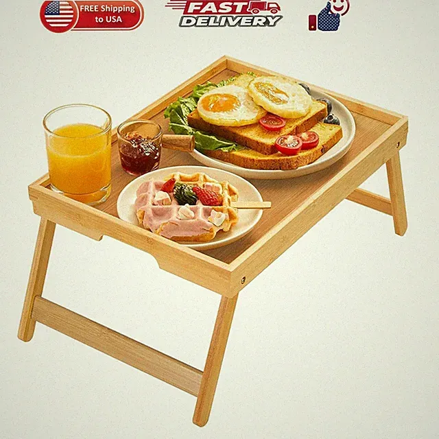 Bamboo Bed Tray Table with Foldable Legs, Breakfast Tray for Sofa, Bed, Eatin...