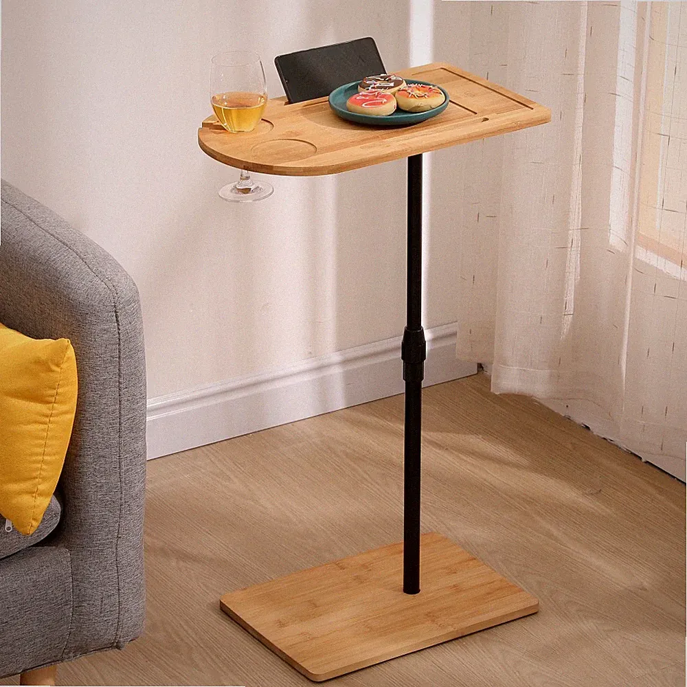 Bamboo C-Shaped Adjustable Side Table for Sofa/Bed, Oval w/ Slot