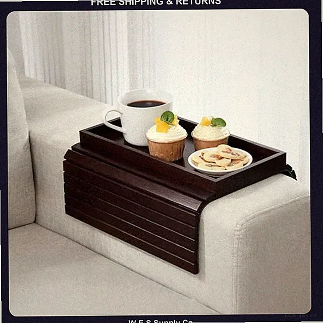 Bamboo Couch Arm Tray Foldable Sofa Table Cup Holder for Drinks Snacks Remote