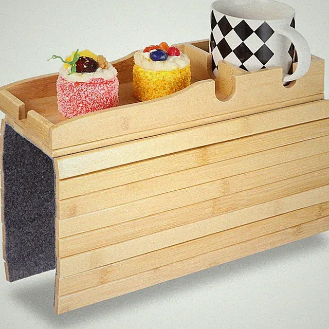 Bamboo Couch Arm Tray with Cup Holder, Foldable Wooden Couch Cup Holder Armre...