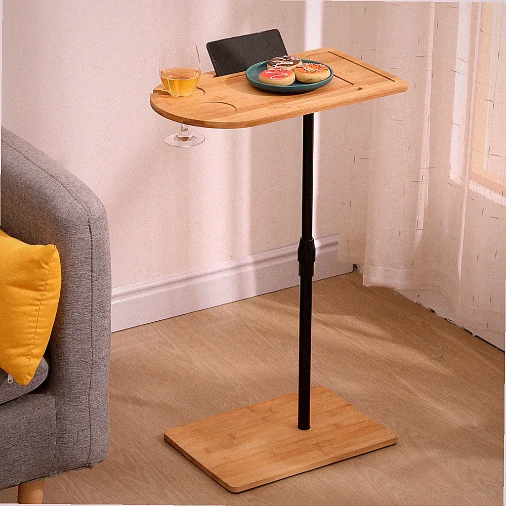 Bamboo Couch Tray Table Height Adjustable C Shaped Side End Table Sofa Bed Oval