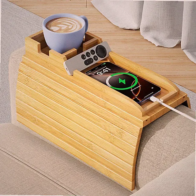 Bamboo Sofa Arm Tray 2-in-1 Couch Armrest Table with Detachable Cup Holder, F...