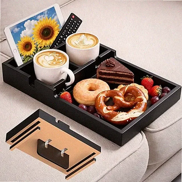 Bamboo Sofa Tray Insert with 2 Cup Holders for Sectionals Black