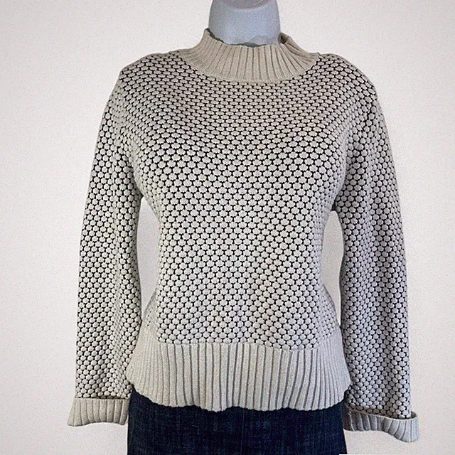 Banana Republic Sweater Womens M Textured Polka Dot White Navy Cotton Wool Blend