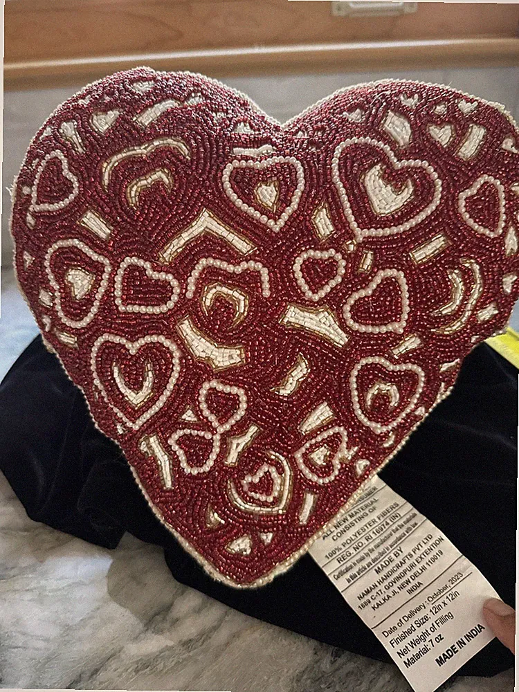 Beaded Heart Throw Pillow – Romantic Decorative Cushion for Bed & Sofa India