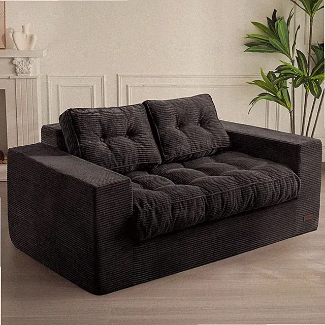 Bean Bag Chair for Adults, Upholstered Floor Sofa with Loveseat Corded Black