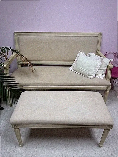 Beautiful used French Style Sofa and Ottoman, cream color, wood frame