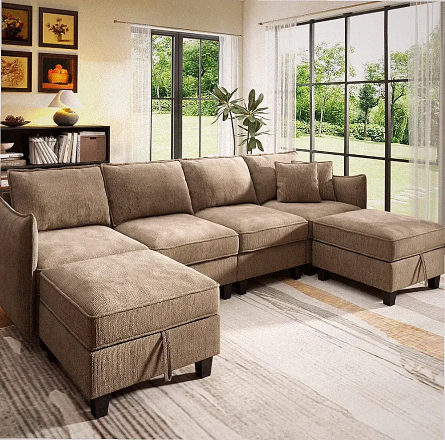 BedLuxury 112" Modular Sectional Sofa with 2 Moveable Storage Ottoman