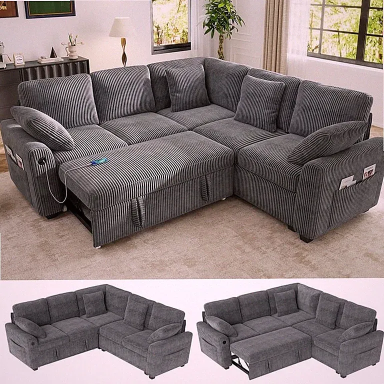 BedLuxury 83" Sectional Sleeper Sofa With Pull Out Bed, Storage Seat & USB...