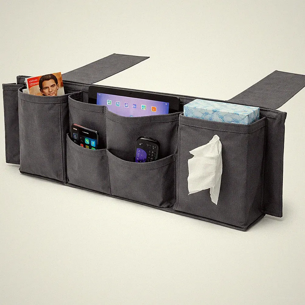 Bedside Couch Caddy Organizer 5 Pocket Hanging Storage Pouch for Bed Sofa Gray
