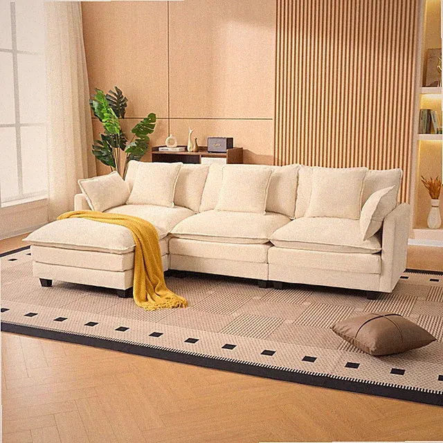 Beige 102" L-Shaped Modular Sofa with Storage Ottoman & Movable Chaise