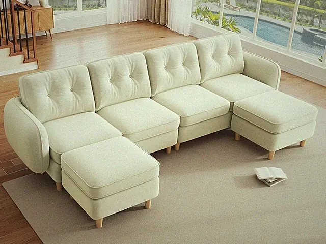 Beige 107'' Modular Sectional Sofa, 6-Seater U-Shaped Couch with Pillows