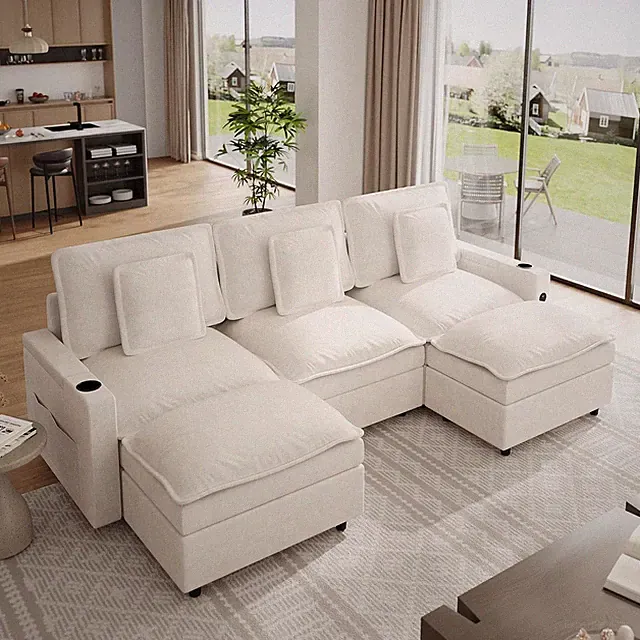 Beige 108" U-Shaped Modular Sectional Sofa with Storage & Charging Ports
