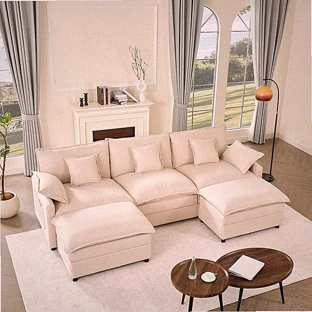 Beige 108" U Shaped Modular Sofa with Movable Ottoman for Living Room