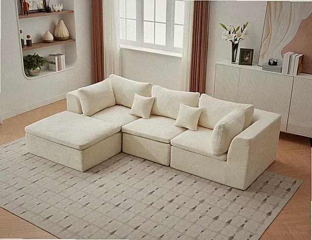 Beige 110" L-Shaped Convertible Sectional Sofa with Ottoman for Living Room