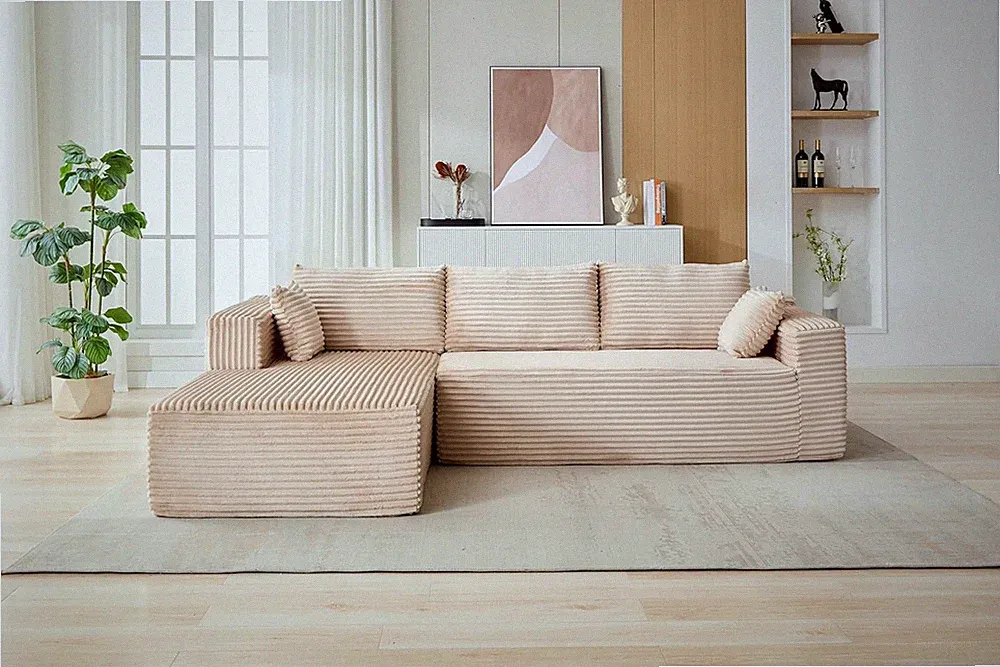 Beige 110” Modular Sectional Sofa with L-Shaped Chaise - No Assembly Needed