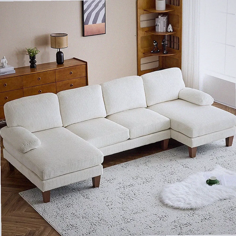 Beige 110" U-Shaped Sectional Couch with Double Chaise for Living Room
