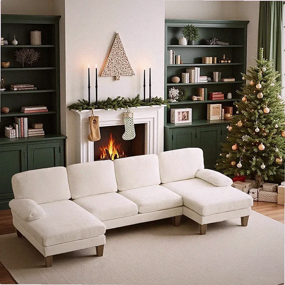 Beige 110" U-Shaped Sectional Sofa with Double Chaise for Living Room