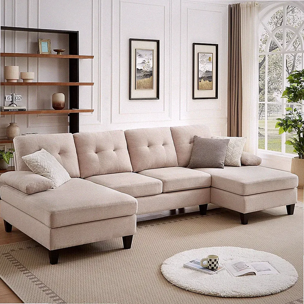 Beige 111" U-Shaped Sectional Sofa with Double Chaise for 4 People