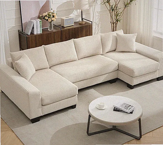 Beige 114" U-Shaped Corduroy Sleeper Sofa with Pull-Out Bed & Chaise Lounges