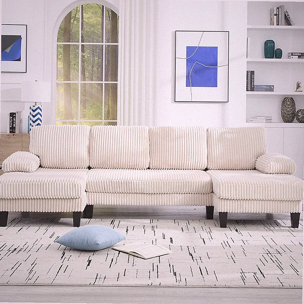 Beige 114" U-Shaped Velvet Sectional Sofa with 2 Chaise Lounges, Modern Design