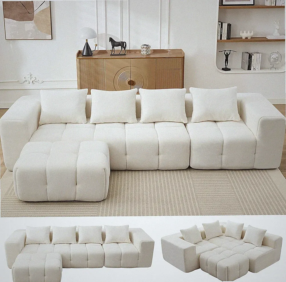 Beige 119" Cloud Sectional Sofa with Memory Foam - No Assembly Needed!