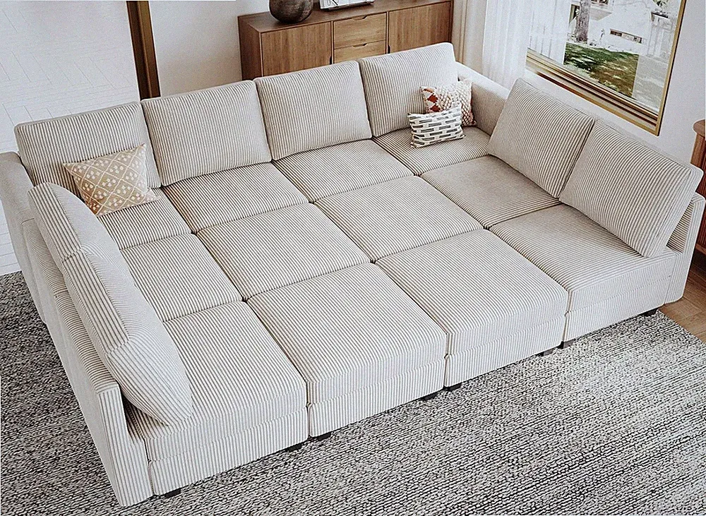 Beige 12-Seat Modular Sleeper Sofa with Storage - Oversized Corduroy Couch