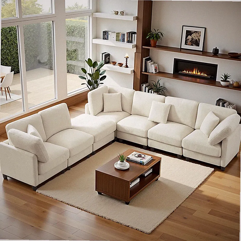 Beige 121'' 7-Seater Chenille Sectional Sofa with Movable Ottoman