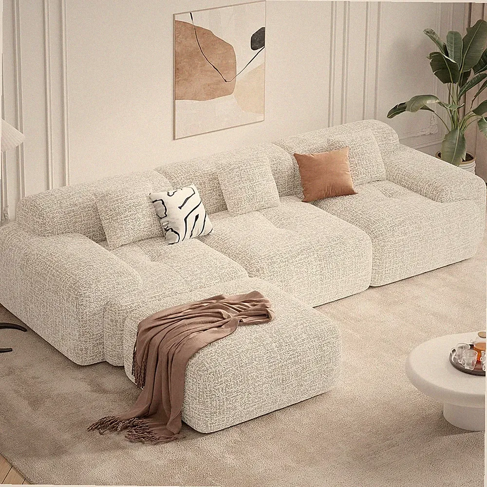 Beige 122" Modern L-Shaped Sectional Sofa with Ottoman, No Assembly Needed