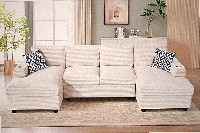 Beige 124" U-Shaped Sectional Sofa with Chaise, Cup Holders & Pillows