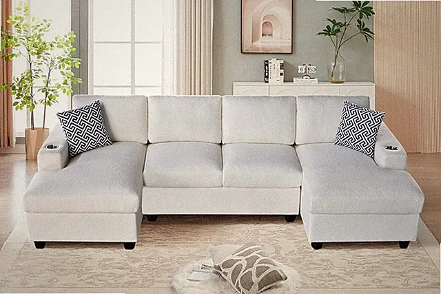 Beige 124" U-Shaped Sectional Sofa with Chaise, Cup Holders & Pillows