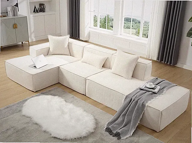 Beige 129" Modular Tofu Sofa Set with Chaise & Pillows - Minimalist Style