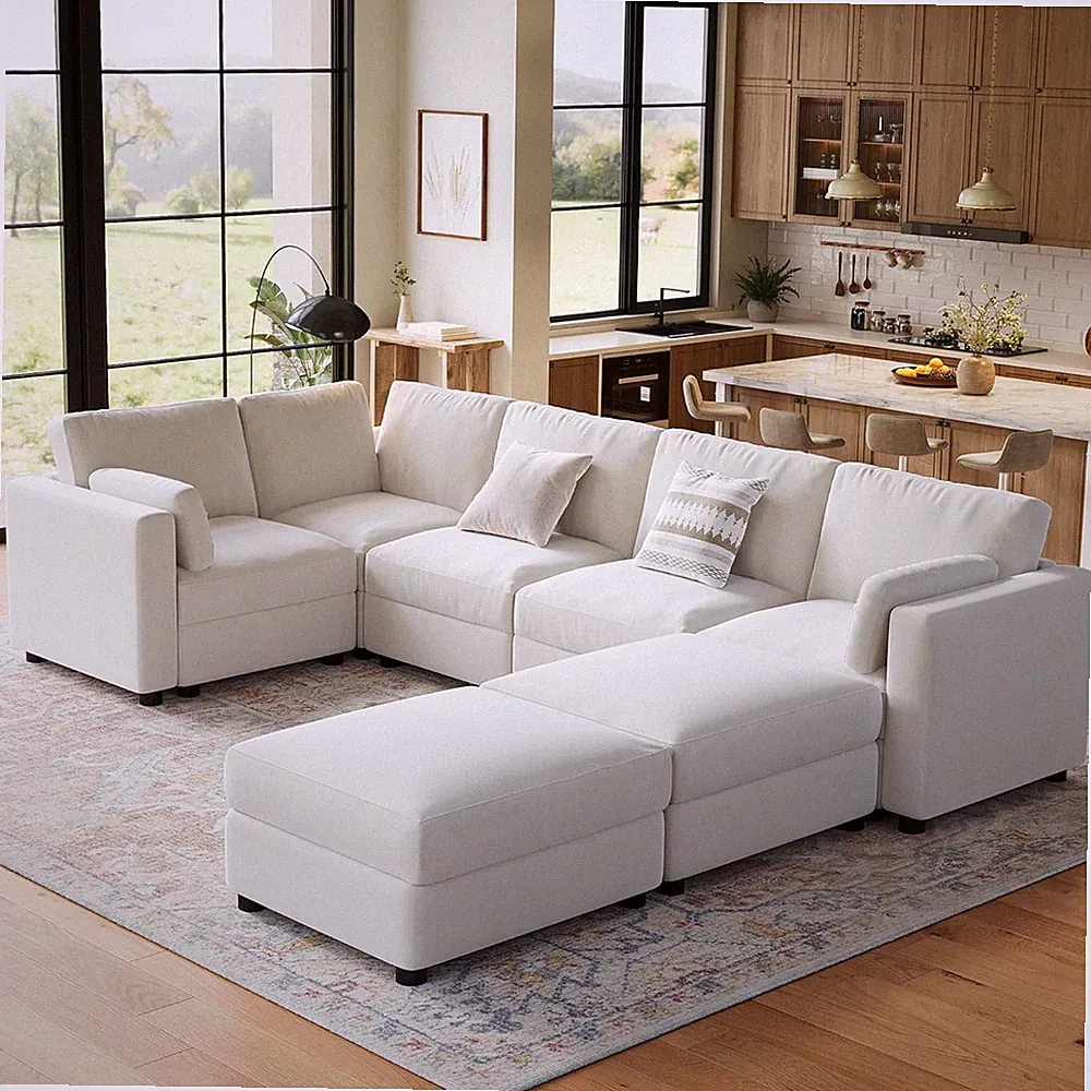 Beige 138" U-Shape Modular Sectional Sofa with Ottoman, 7 Seater Couch
