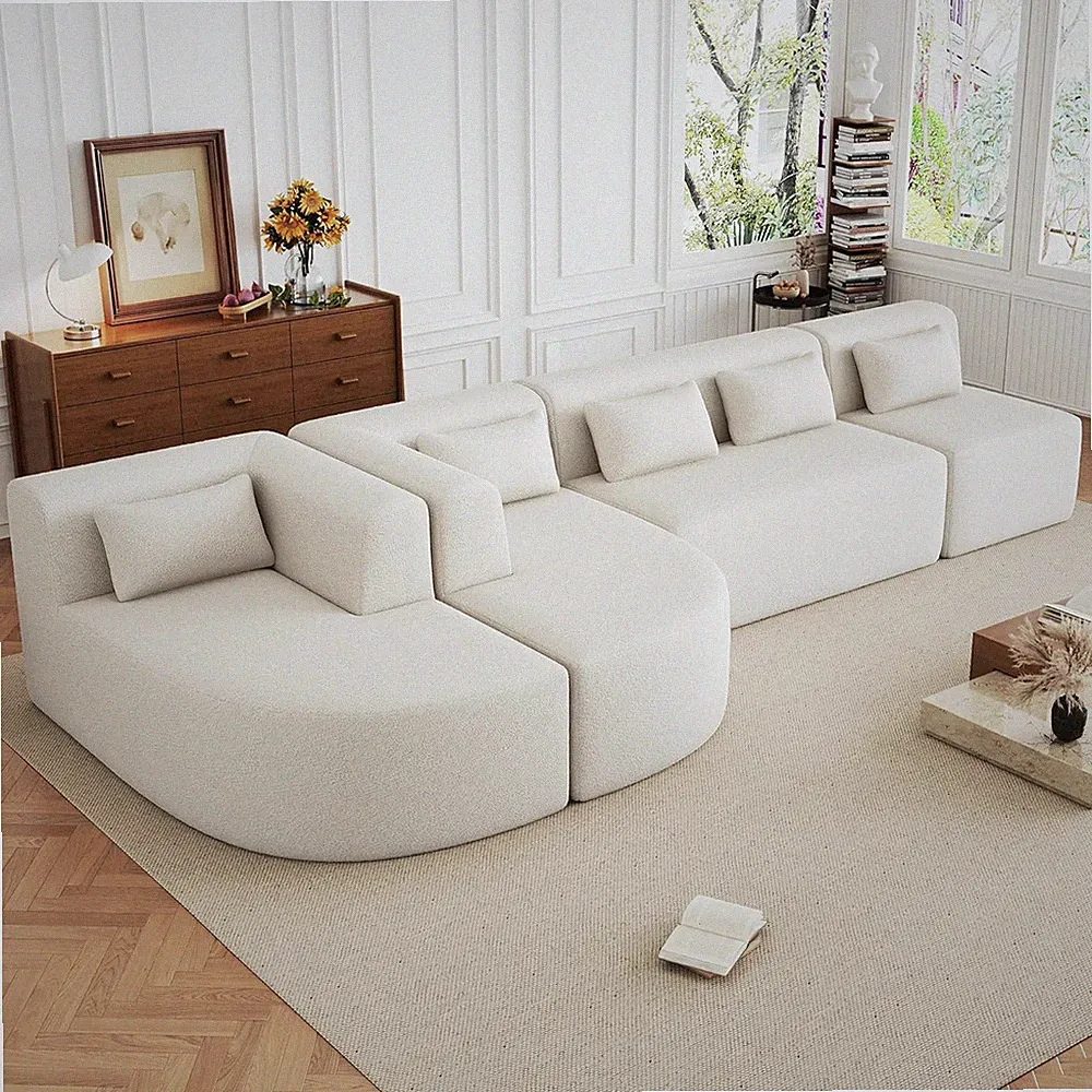 Beige 143.7" Art Deco Sectional Sofa with 2 Chaise Lounges & 5 Pillows