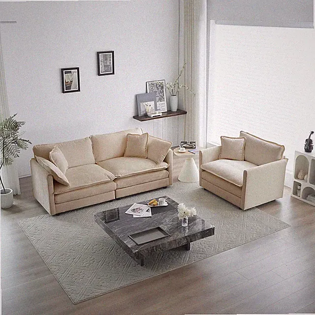 Beige 2-Piece Modern Sofa Set with Loveseat & Single Sofa, 5 Pillows Included