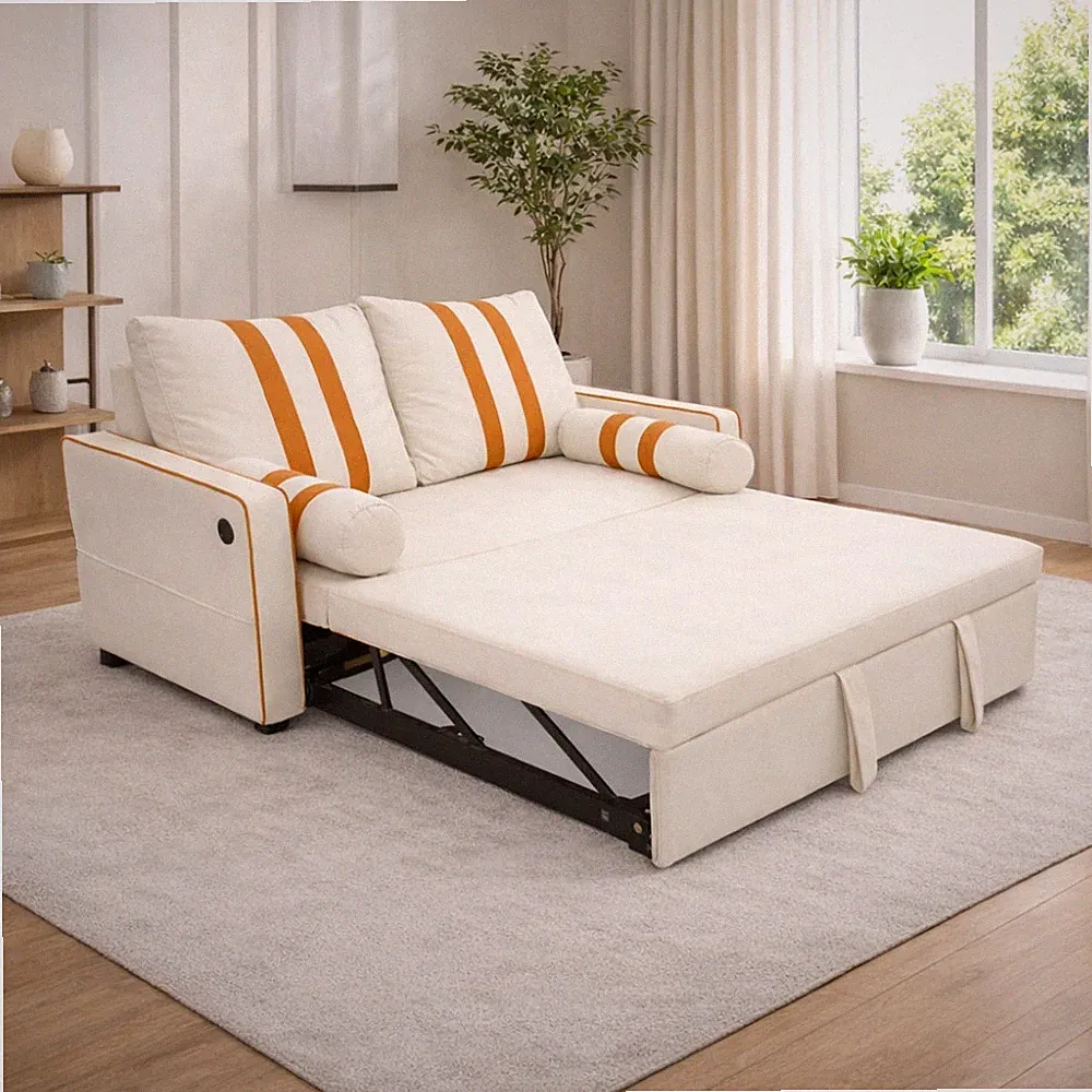 Beige 2 Seater Pull Out Sleeper Sofa Bed with USB Charging Port