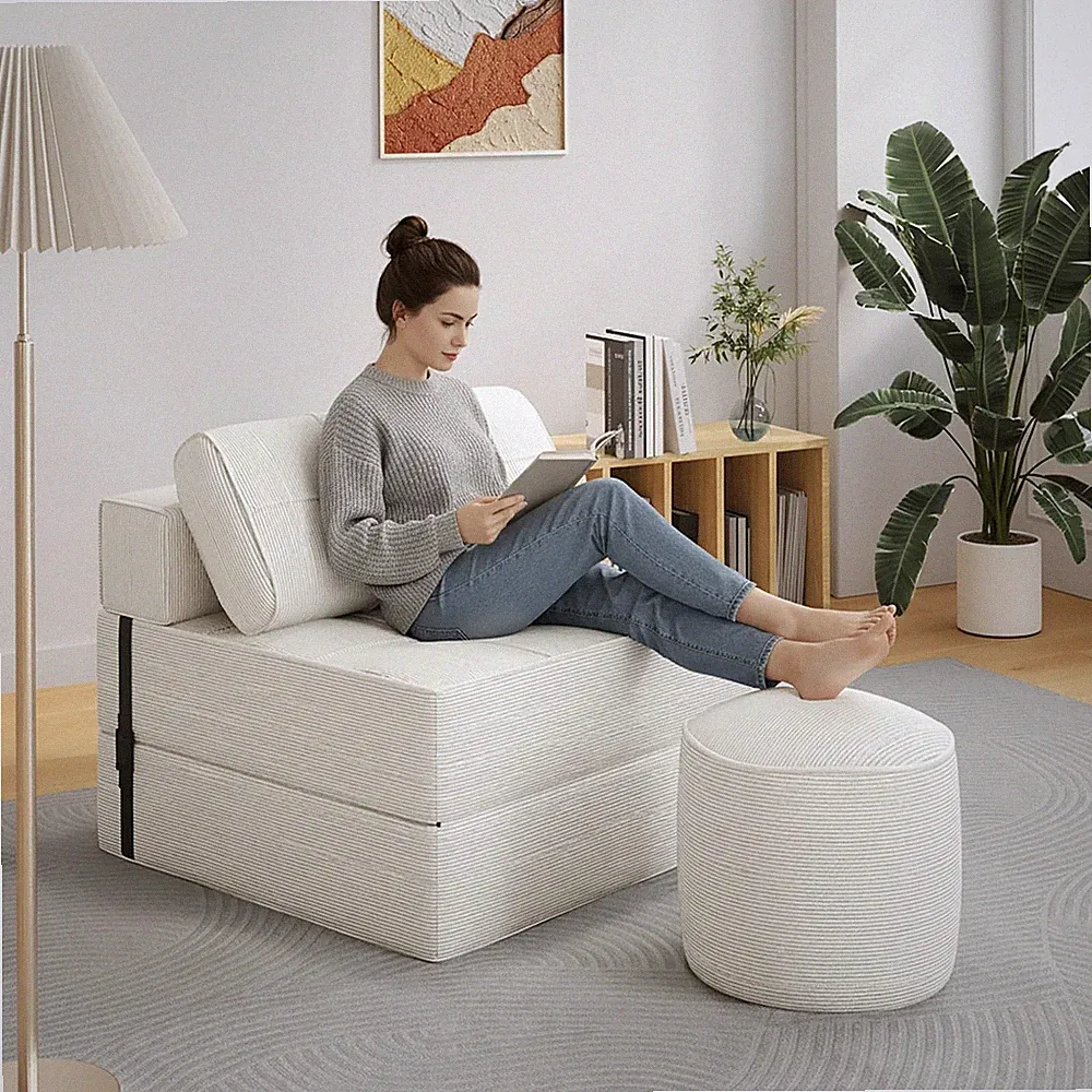 Beige 3-in-1 Folding Sofa Bed With Ottoman Modern Corduroy Floor Sleeper