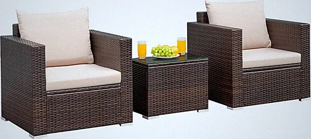 Beige 3-Piece Outdoor Wicker Sofa Set with Cushions and Glass Coffee Table