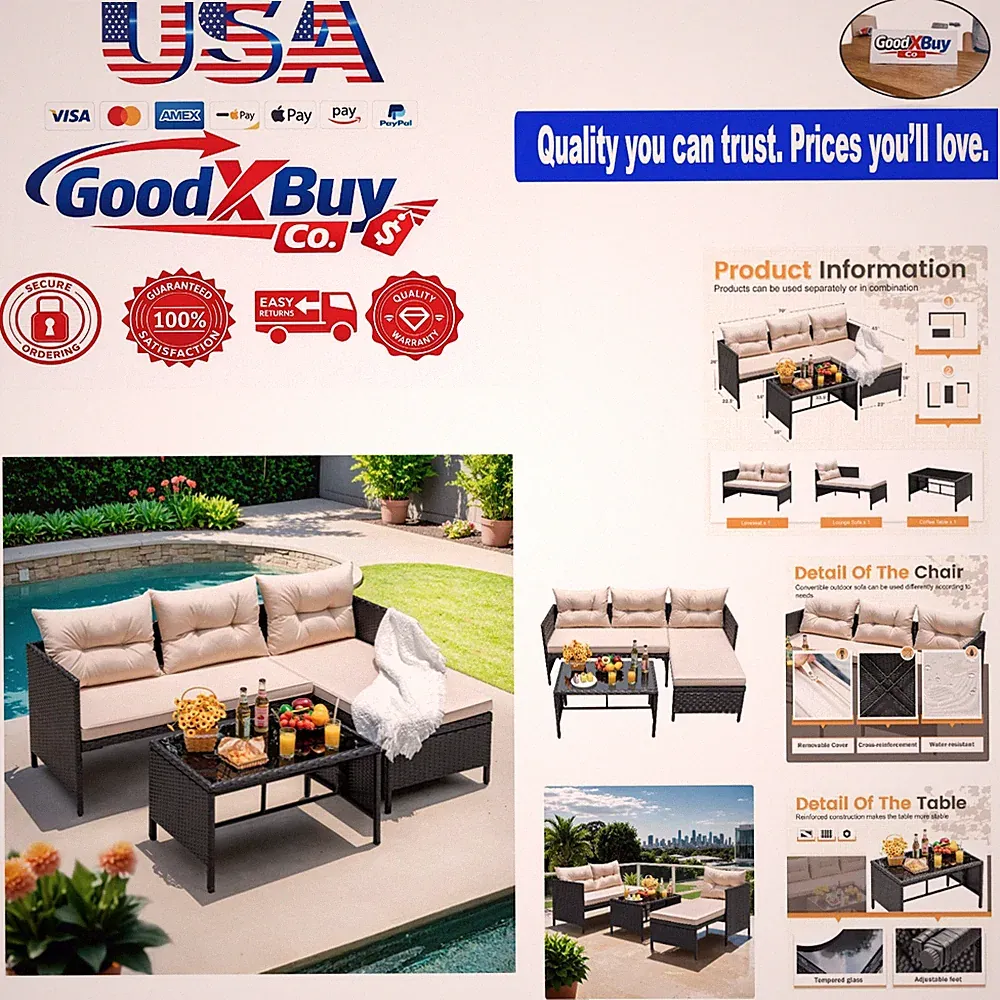Beige 3-Piece Rattan Outdoor Sectional Sofa Set with Glass Table Waterproof L...