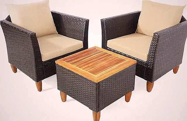 Beige 3-Piece Rattan Patio Furniture Set with Cushions & Acacia Table