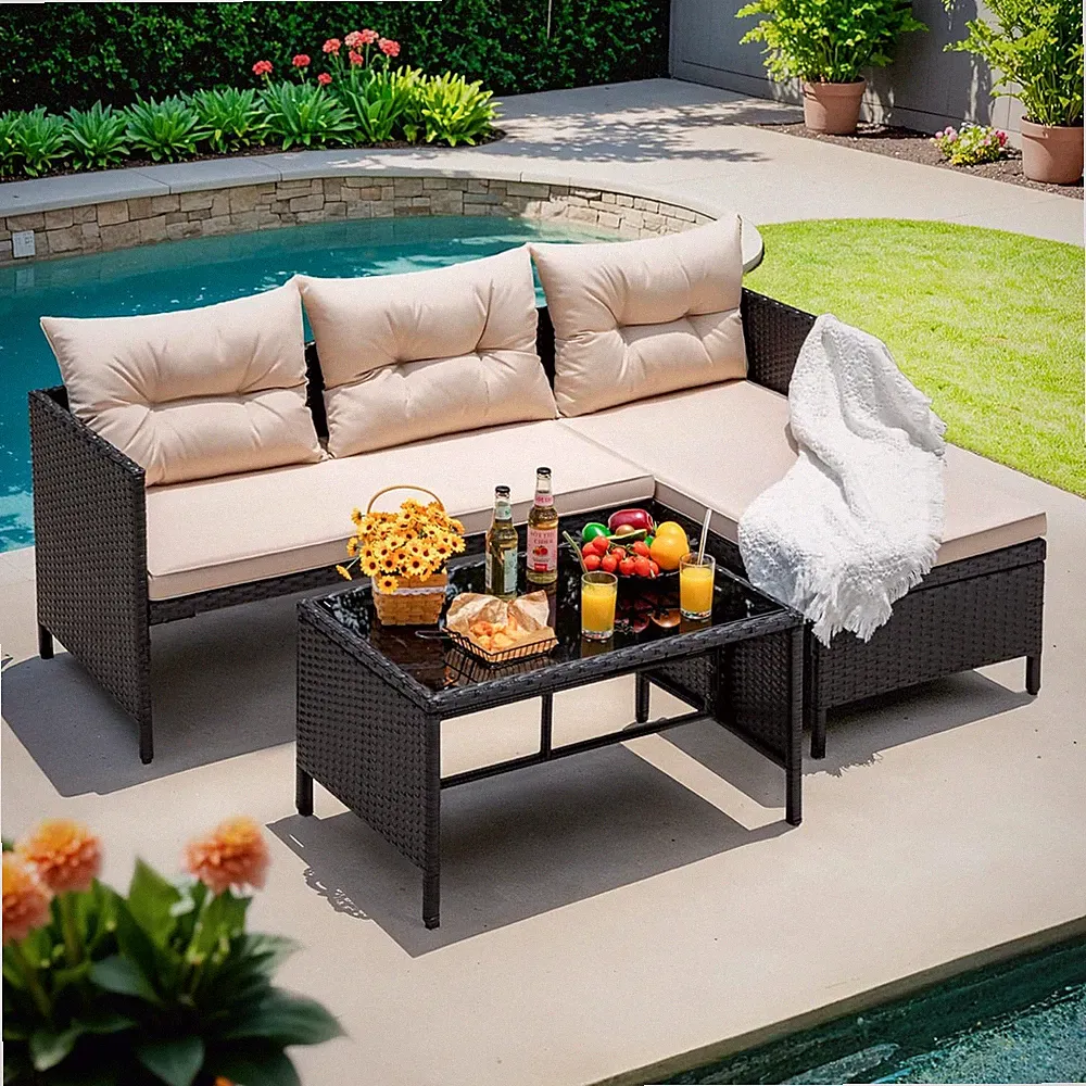 Beige 3-Piece Waterproof Rattan Outdoor Sectional Sofa with Glass Table
