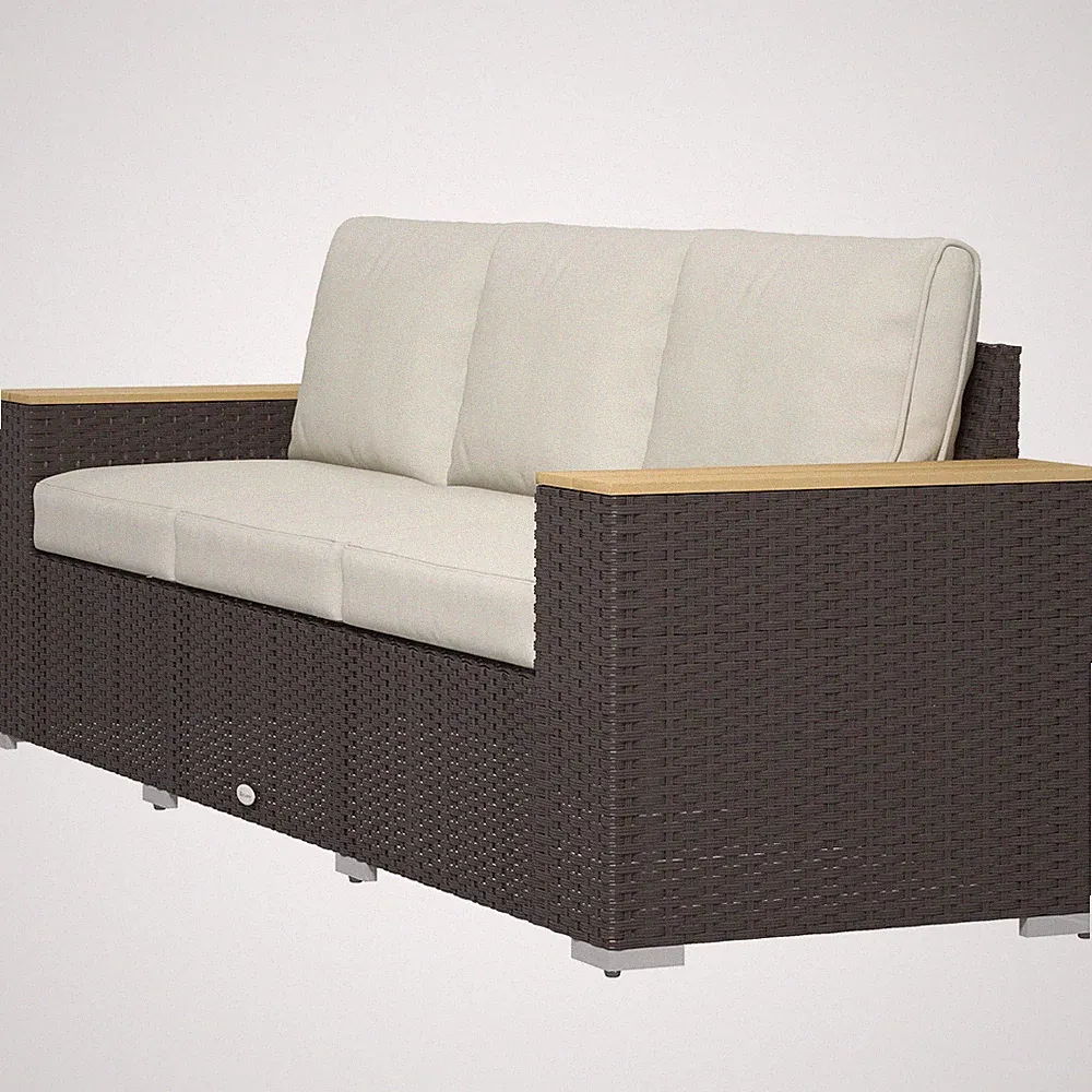Beige 3 Seat Outdoor Sofa, Wicker Patio Sofa with Wide Deep Seats and 4" Cushion