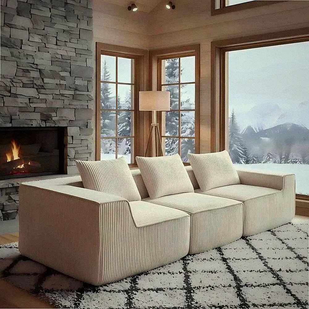 Beige 3-Seat Sectional Sofa w/ All-Foam Deep Seating, Modern Couch