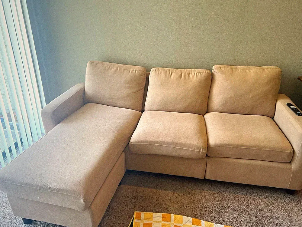 Beige 3-Seat Sofa Sectional w/ Left Chaise, 100% Linen, Cushions